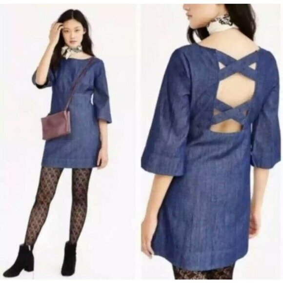 UO COOPERATIVE Brooklyn Dress Blue Denim Mini Bell Sleeve Cross Back Size 4 - Picture 1 of 10